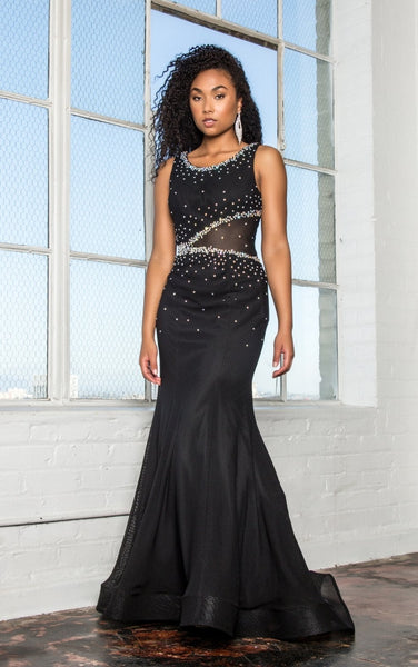 Long Mesh Dress Accented with Scattered Rhinestones - Fashdime
