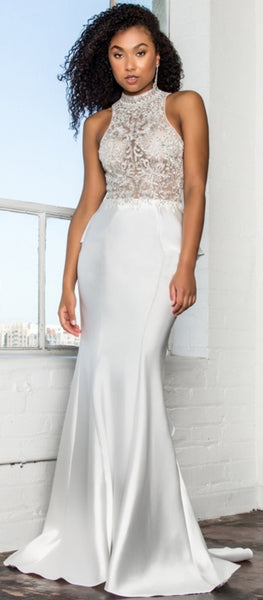 Long High-Neck Dress with Embroidered Bodice and Ruffle Back - Fashdime