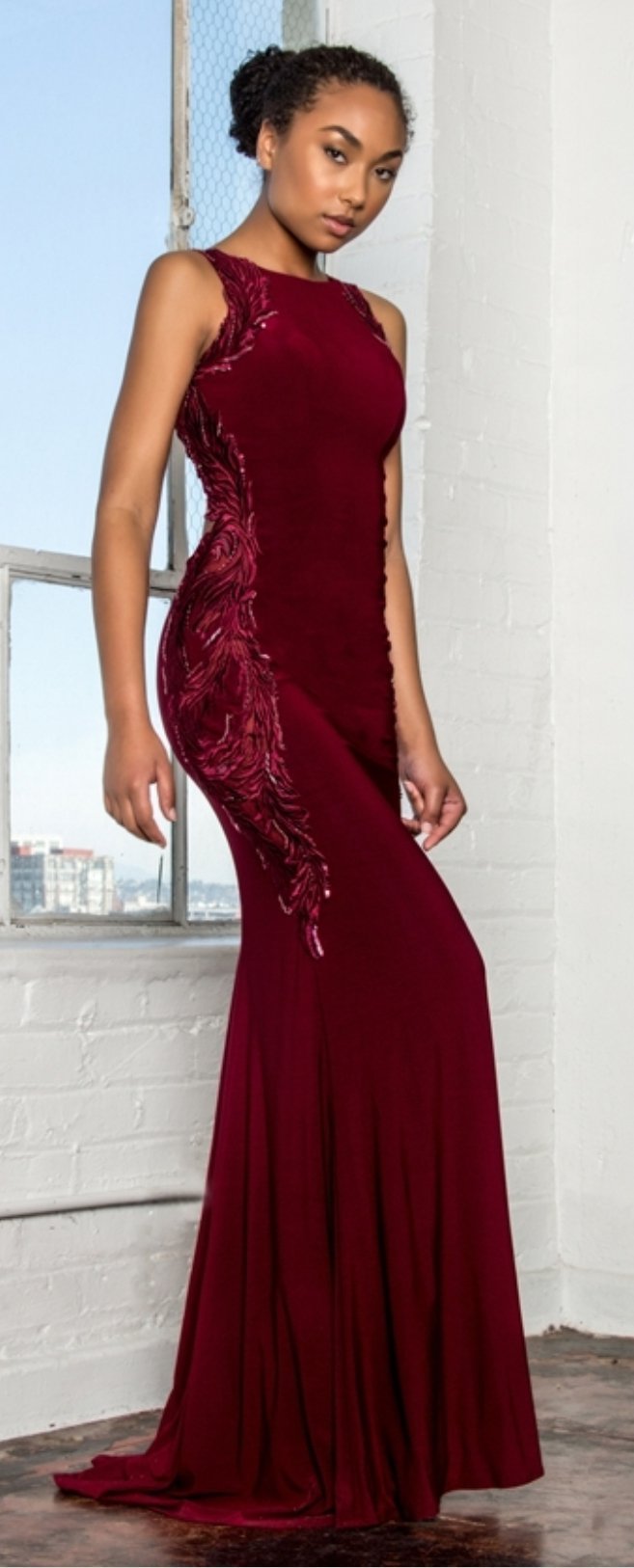 Open-Back Jersey Long Dress Accented with Side Embroidery - Fashdime