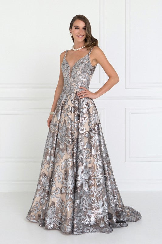 Sequin Wide V-Neck A-Line Long Dress with Lace Applique - Fashdime