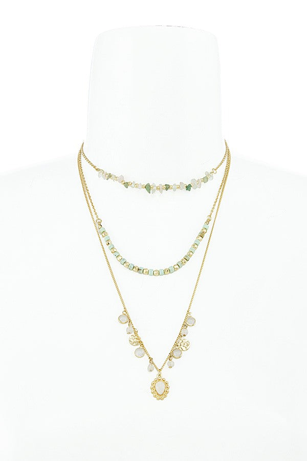 Semi precious stone bead three layer necklace - Fashdime