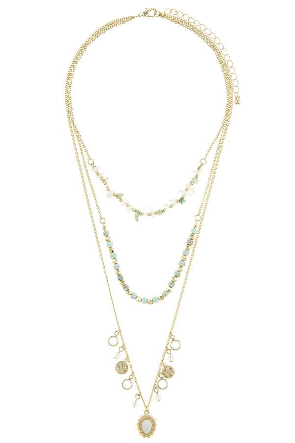 Semi precious stone bead three layer necklace - Fashdime