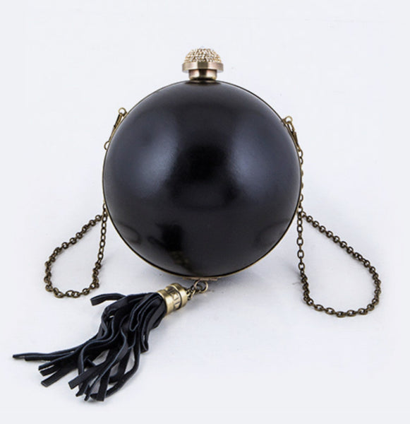 High Fashion Crystal Push Lock Leather Tassel Polished Ball Clut - Fashdime