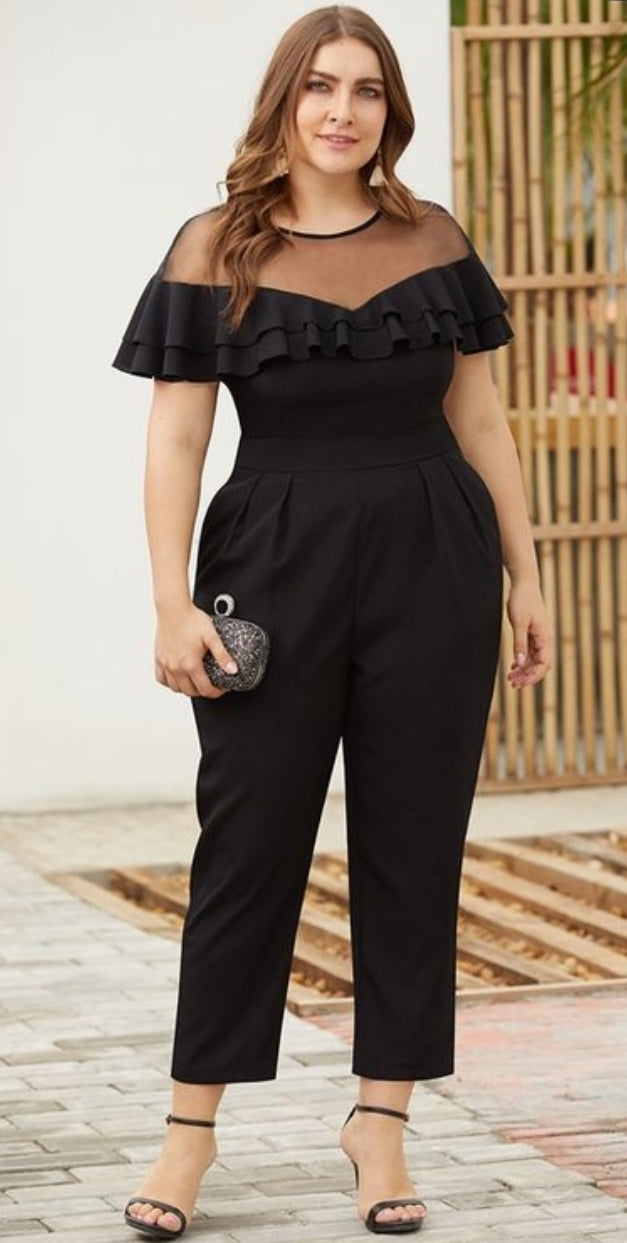 Mesh and Ruffle Top Jumpsuit - Fashdime
